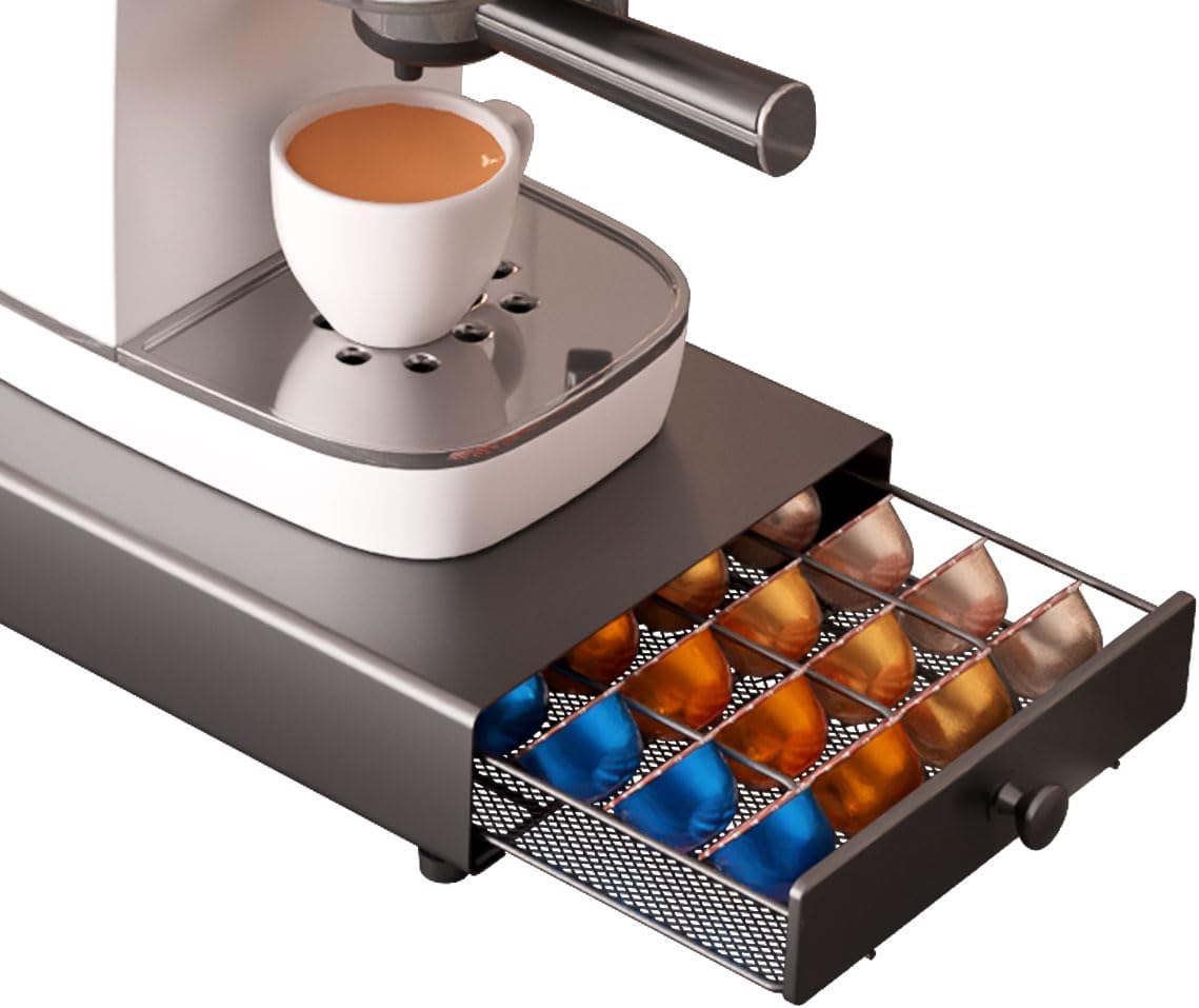 Pod Holder Drawer Compact Design with DeluxeTempered Glass Top, Compatible for Nespresso Pods, Holds up to 40 Pods