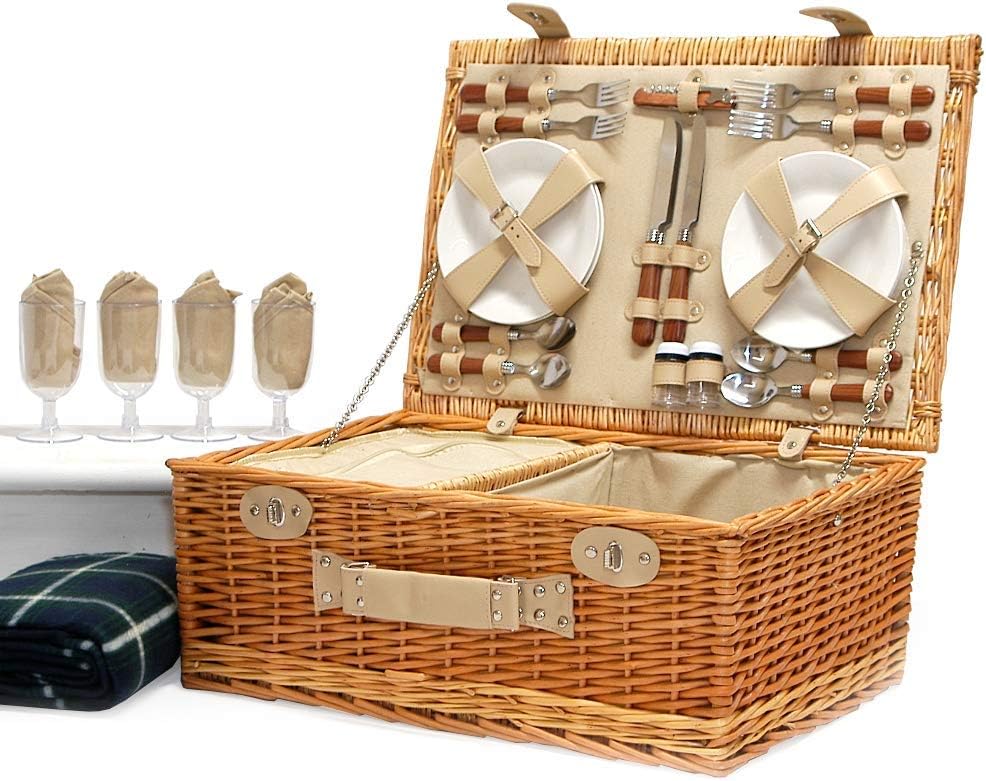 The Deluxe Sutton 4 Person Picnic Basket & Green Picnic Blanket