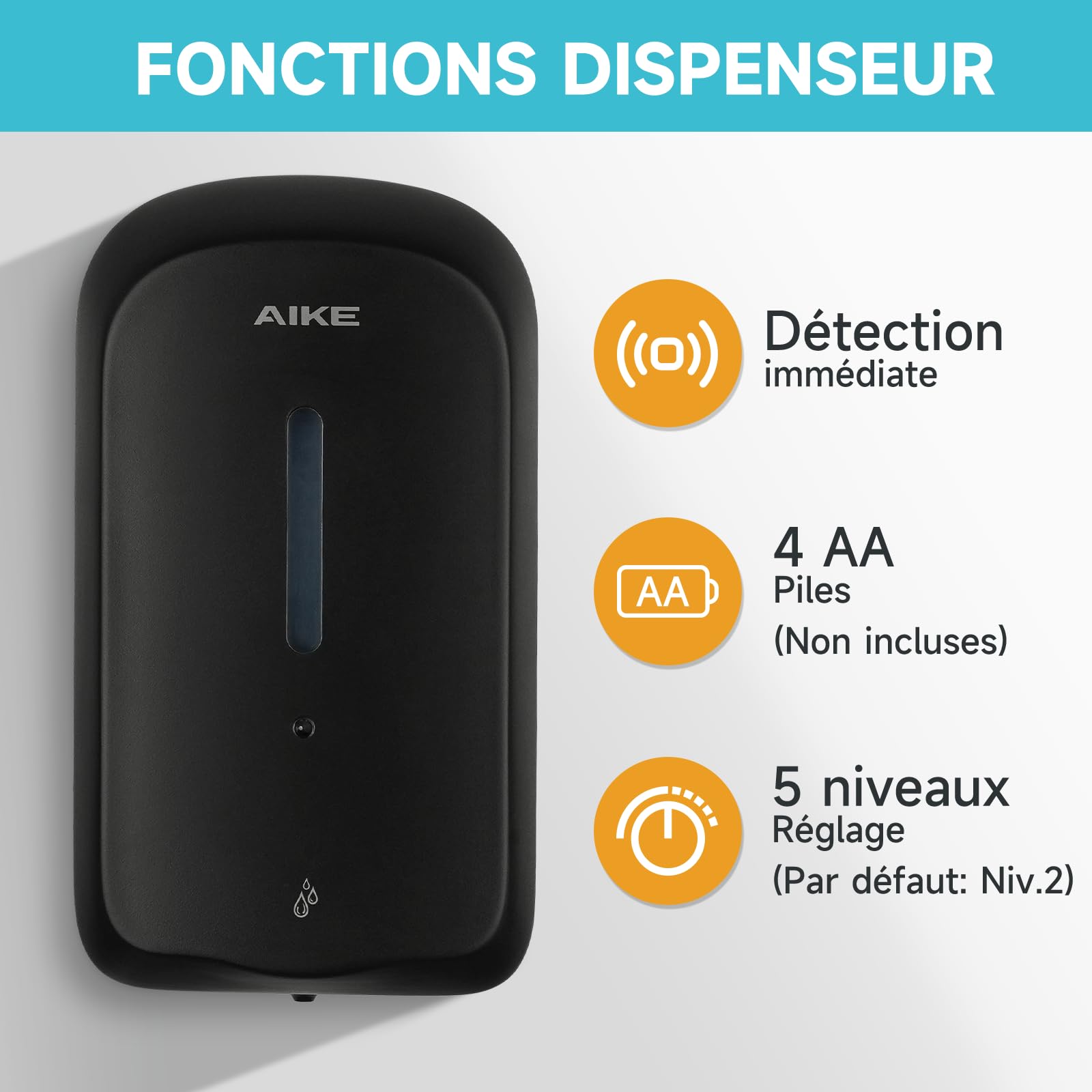 AIKE 1000 ML Distributeur De Savon Automatique Mural, Public Et Commercial | Conception Anti-effraction,Réglage En 5 Niveaux, Autonomie De 3 Mois, Adapté Aux Centres Commerciaux, Hôpitaux Et Usines