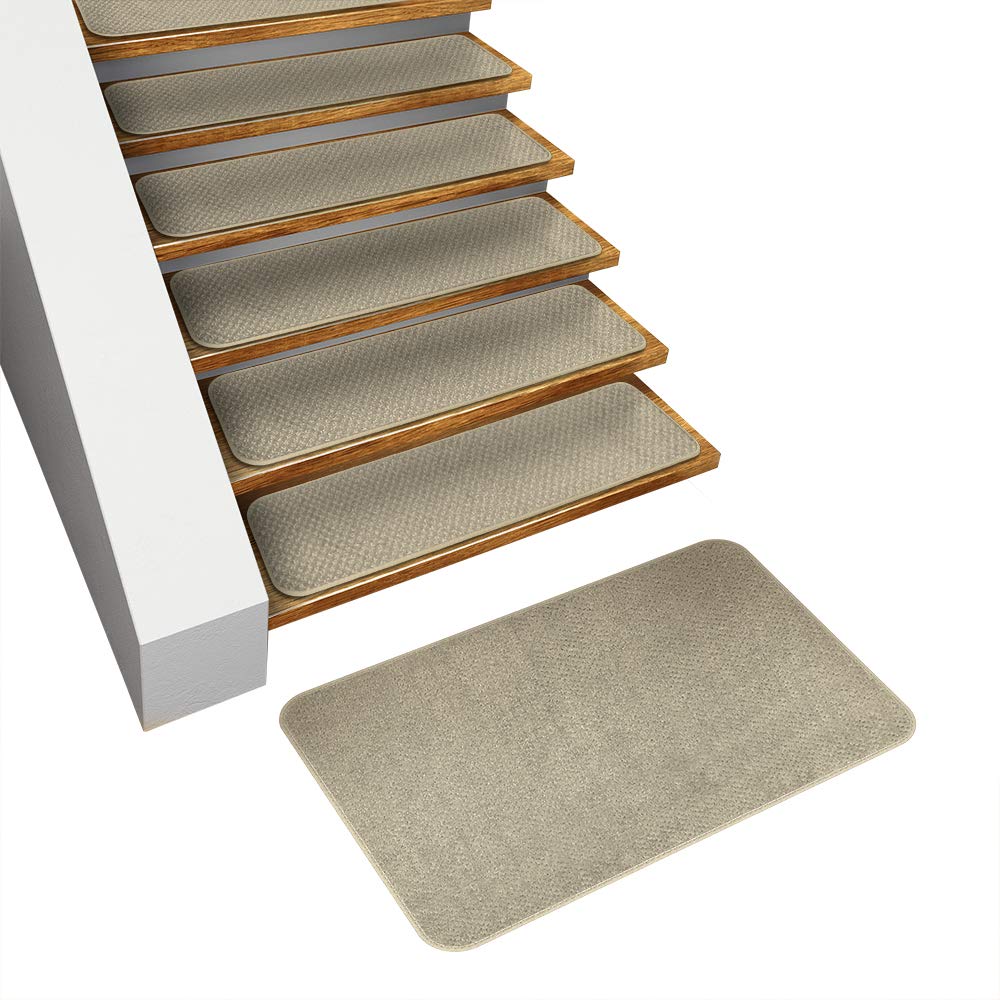 House, Home and More Set of 15 Skid-Resistant Carpet Stair Treads and Matching Landing Rug - Ivory Cream