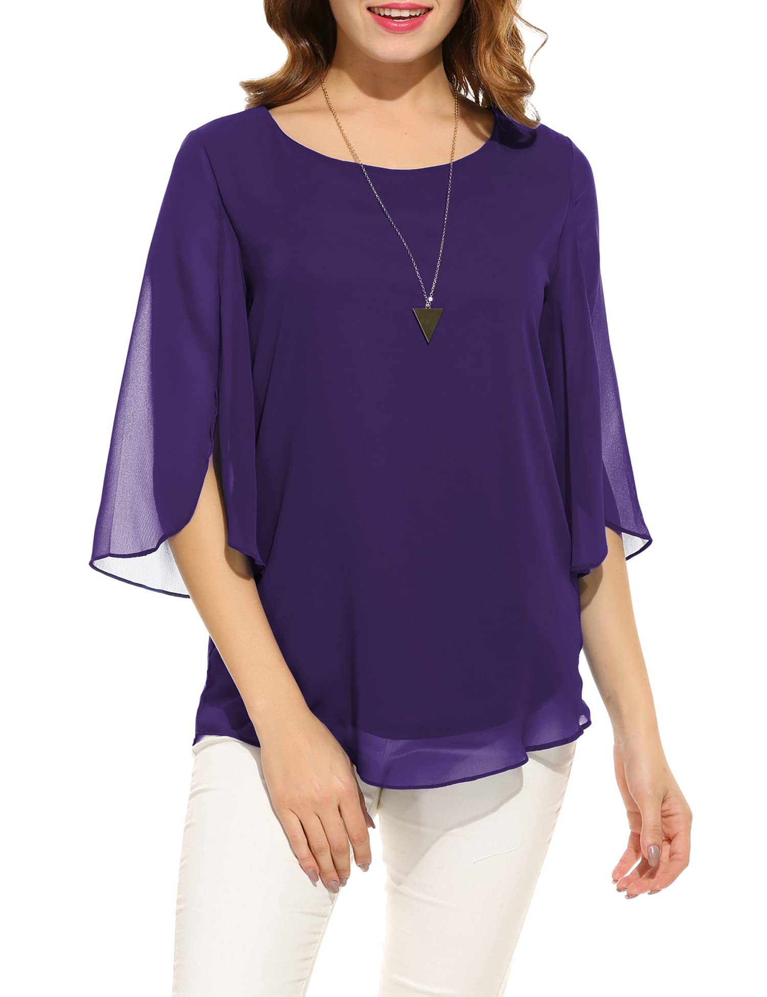 ACEVOGWomens Casual Scoop Neck Loose Top 3/4 Sleeve Chiffon Blouse Shirt Tops