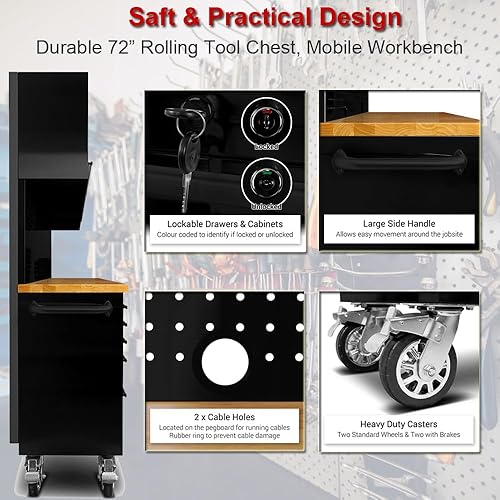 Miniatura 5 de Cofre de herramientas con ruedas de 72 pulgadas con 15 cajones + 3 gabinetes superiores, caja de herramientas grande, banco de trabajo móvil negro