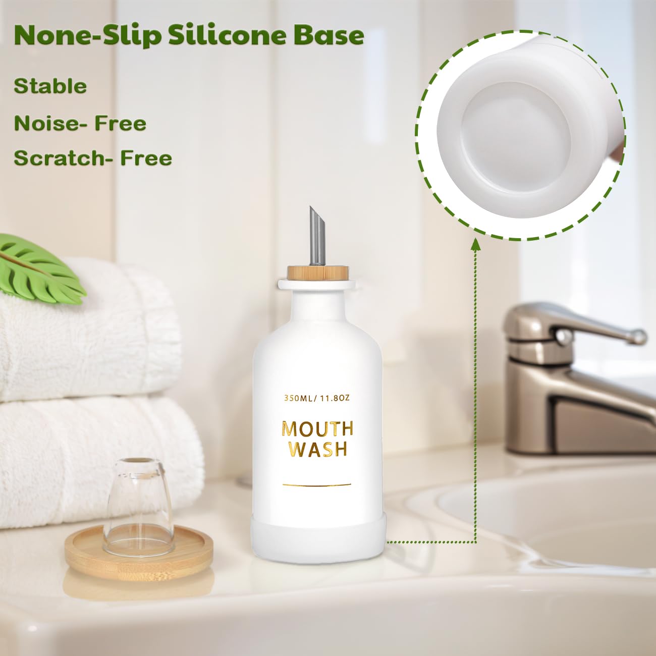 Dispenser per collutorio da bagno 334,5 g, bottiglia di collutorio in vetro con tazza e vassoio in bambù, scritta dorata stampata a caldo, accessorio da bancone in stile nordico, accessori da bagno