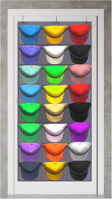 RZMAYIS Hat Rack & Baseball Cap Holder - 24 Clear Deep Pockets Cap Organizer For Baseball Hat Storage with Door Hooks(Grey -Large)