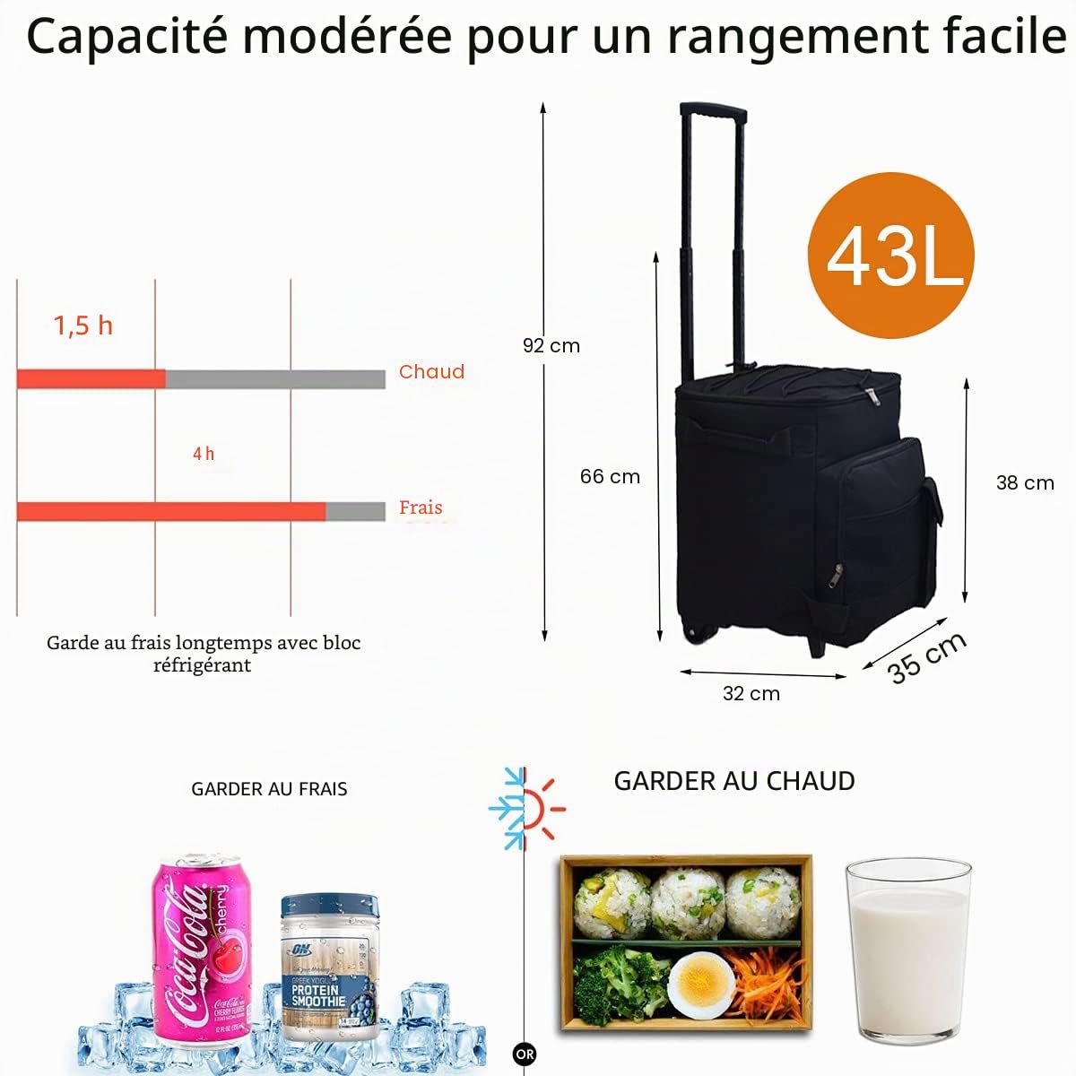 Grand sac isotherme de 43 l - Pliable - Avec barres de liaison et roulettes - Pour camping, pique-nique, plein air, voyages, courses en voiture