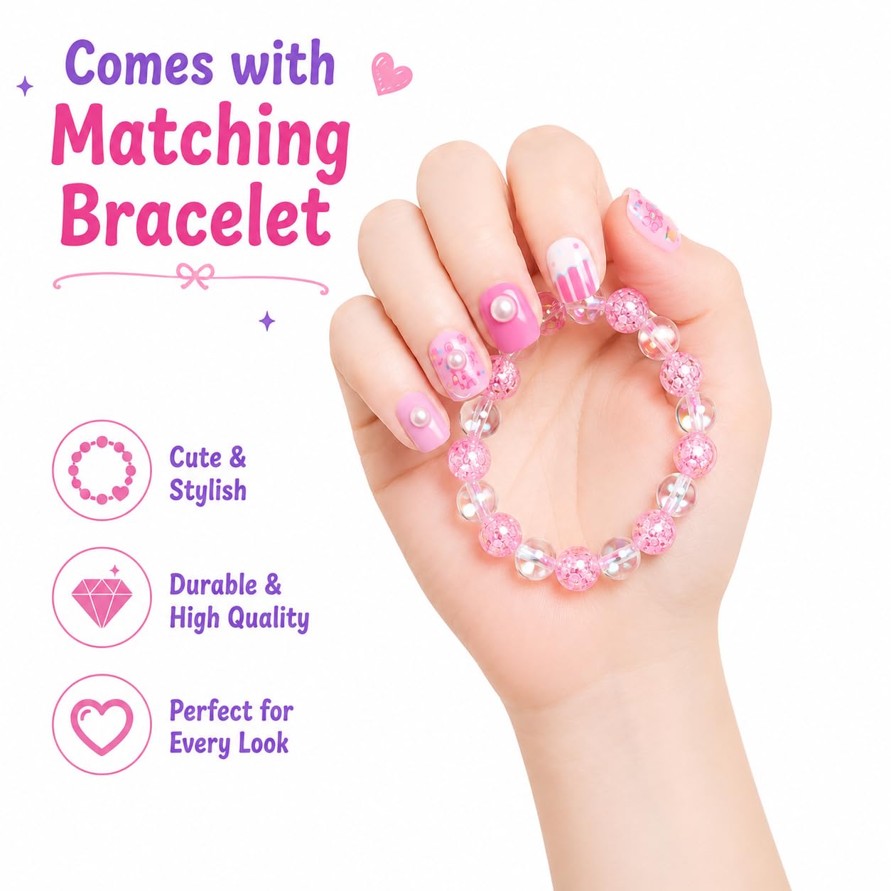 Kids Press On Nails for Girls with Bracelet | 12 Reusable Fake Stick On Nails | Cute Cartoon Nail Art Kit | Birthday Return Gift | Dress Up & Party Accessories Pink 3