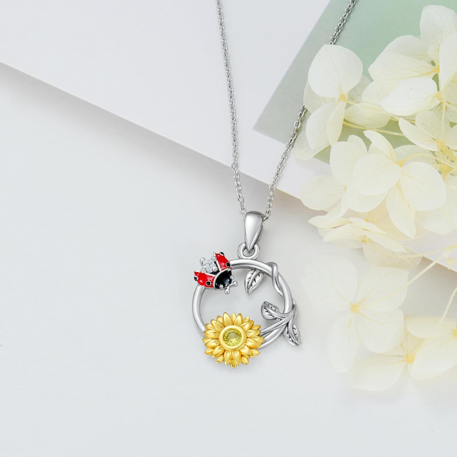 Sunflower Ladybug Necklace for Women, S925 Sterling Silver Citrine Pendant Necklace Jewelry Birthday Gifts for Women Mom Wife Girlfriend - Image 5