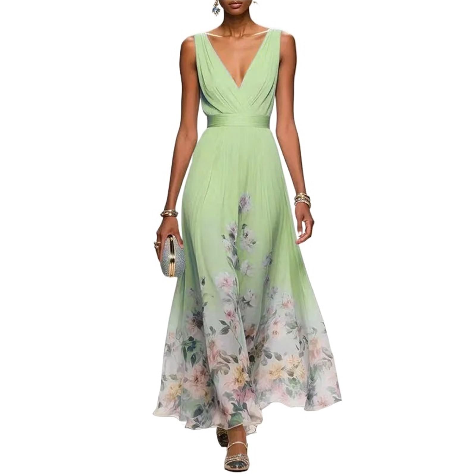 Abiti da Festa con Scollo a V Stampa Floreale Vintage Donna Abito Estivo a Vita Alta Senza Maniche Sexy a Trapezio in