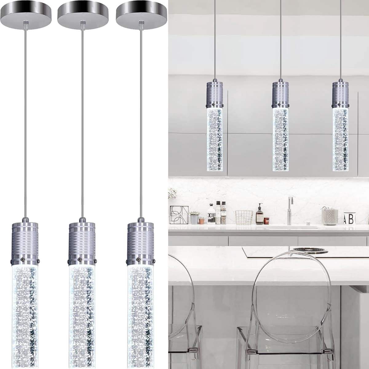 3 Lights Independent Kitchen Island Dining Room Light Pendant Light Fixtures Bubble Crystal Chandeliers Modern Kitchen Island Lighting Chandeliers Fixtures LED Lampara, 6000K LED Bulbs Included