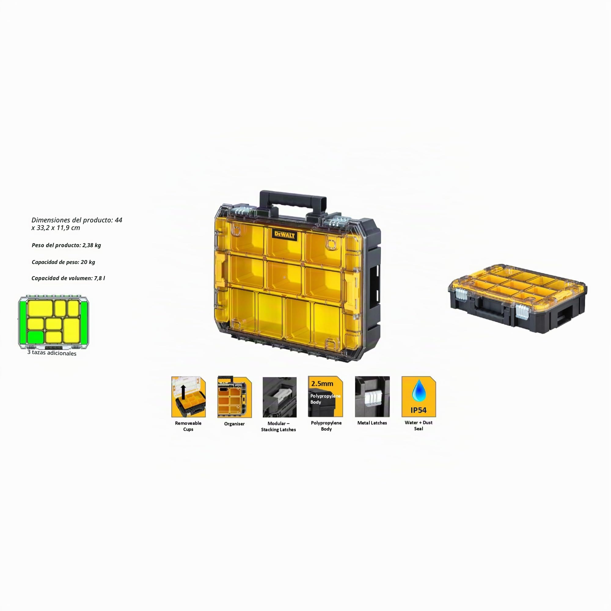 DEWALT DWST82968-1, Organizador con tapa transparente TSTAK V, IP54, Volumen 7,8L, Para piezas pequeñas y accesorios, Tapa de policarbonato transparente