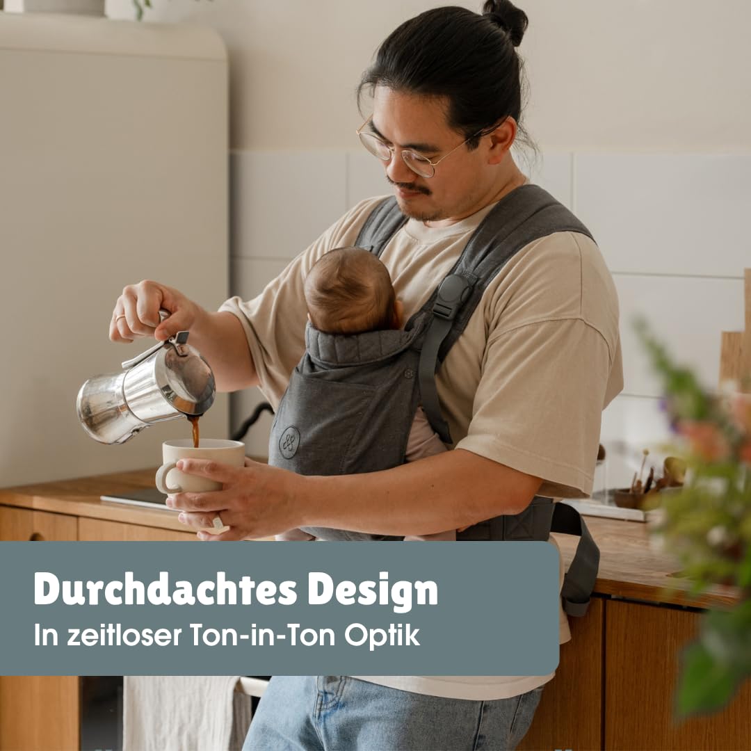 emma & noah Premium Babytrage – mitwachsend 3,5–15kg, ergonomisch, leise Magnetverschlüsse, gepolsterte Gurte & Hüftgurt, Leinen & Bio-Baumwolle (Essential Beige)