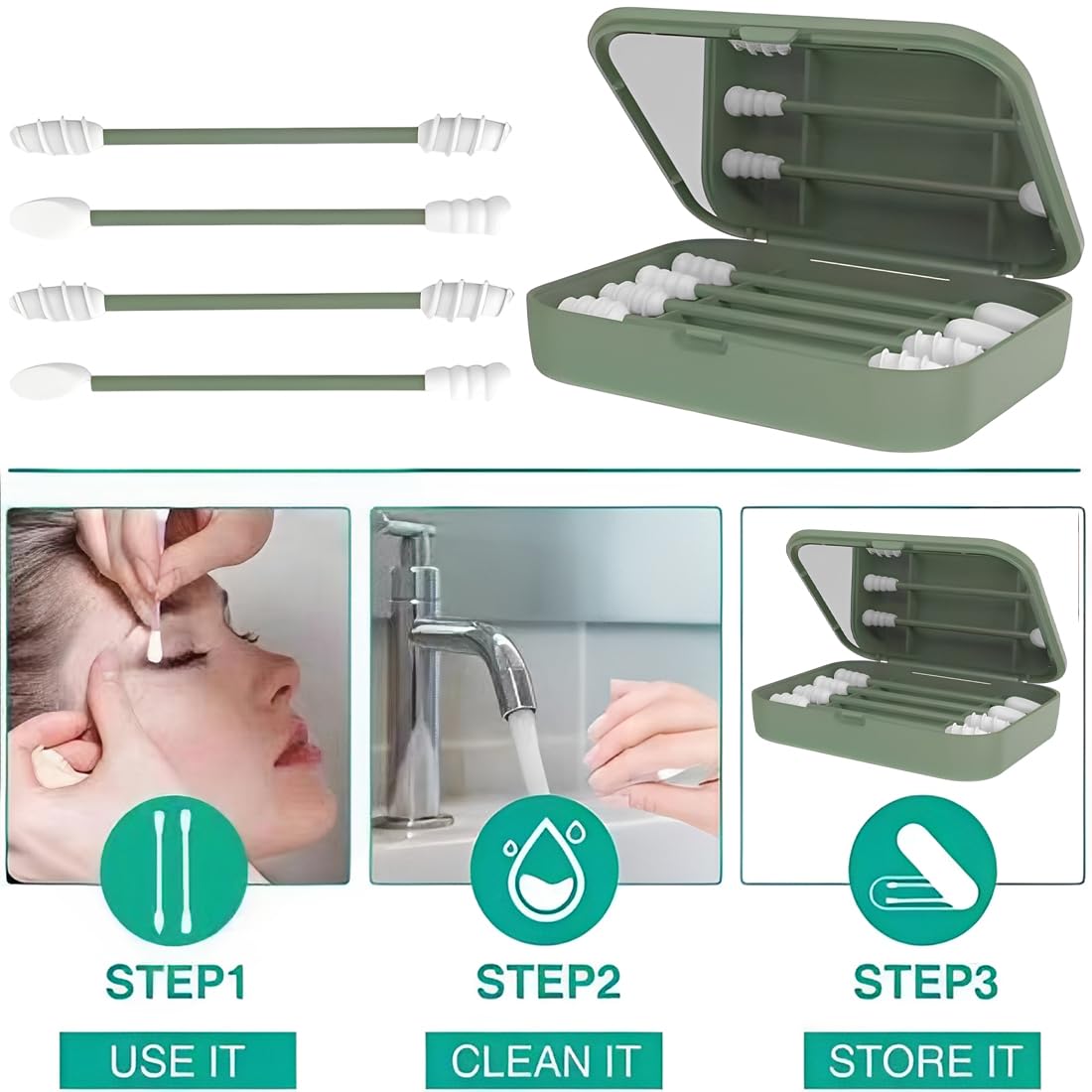 Set di 4 Cotton Fioc Riutilizzabili in Silicone per Pulizia Orecchie Neonati e Adulti, Bastoncini Lavabili per Trucco con Custodia e Specchio