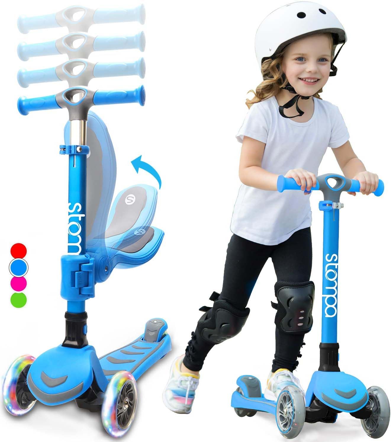 Stompa Kick Scooter for Kids 2-in-1 Light Up 3 Wheel Scooters with 4 Levels Adjustable Handlebar, Foldable Seat, Widen No-Slip Deck for Girls & Boys Ages 3-8 Years Old