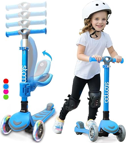 Stompa Patinete 2 en 1 para niños, 3 ruedas iluminadas, manubrio ajustable, asiento plegable extraíble, cubierta antideslizante, scooters para niñas