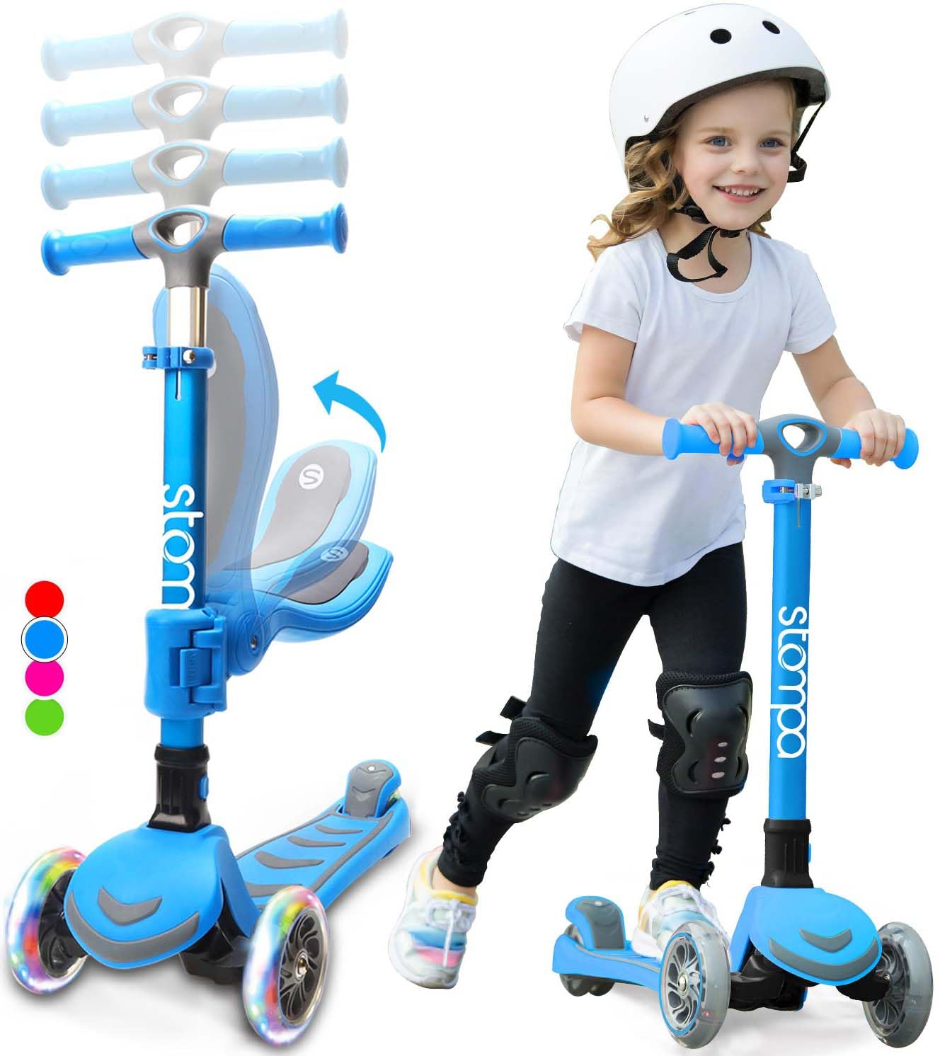 Stompa Kinder Roller 3 Jahre fr Mdchen Jungen, Faltbar Kinderroller 3 Rder LED Blitzlicht, 4 Hhenverstellbarer, Scooter Kleinkind mit Sitz Rutsche Tretroller, Kinderscooter Alter 3-8