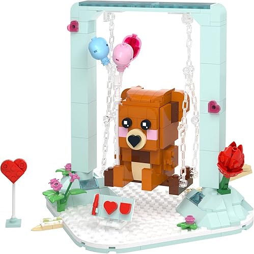 Nubee Juguetes de construcción de oso marrón de San Valentín, lindos juegos de construcción de osos oscilantes con corazón de ladrillo, rosa, te