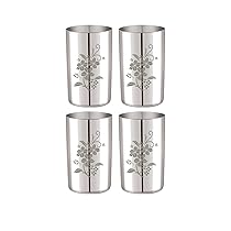 Neelam Stainless Steel 7 22G Lazer Etching Amrapali Glass, 400 ml, Silver, Set of 4