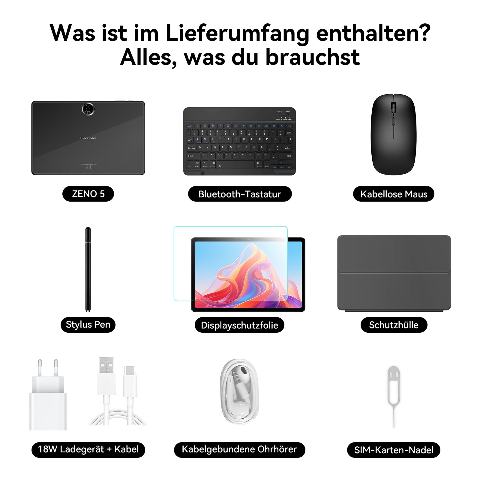 ZENO5 11 Zoll Android 16 Tablet mit Tastatur, 4G LTE Dual SIM, 32GB RAM + 128GB ROM, 90 Hz Display, 8300 mAh, GPS, Gemini AI, Widevine L1, Face ID, inkl. Stift und Maus, Tablet für Arbeit und Lernen