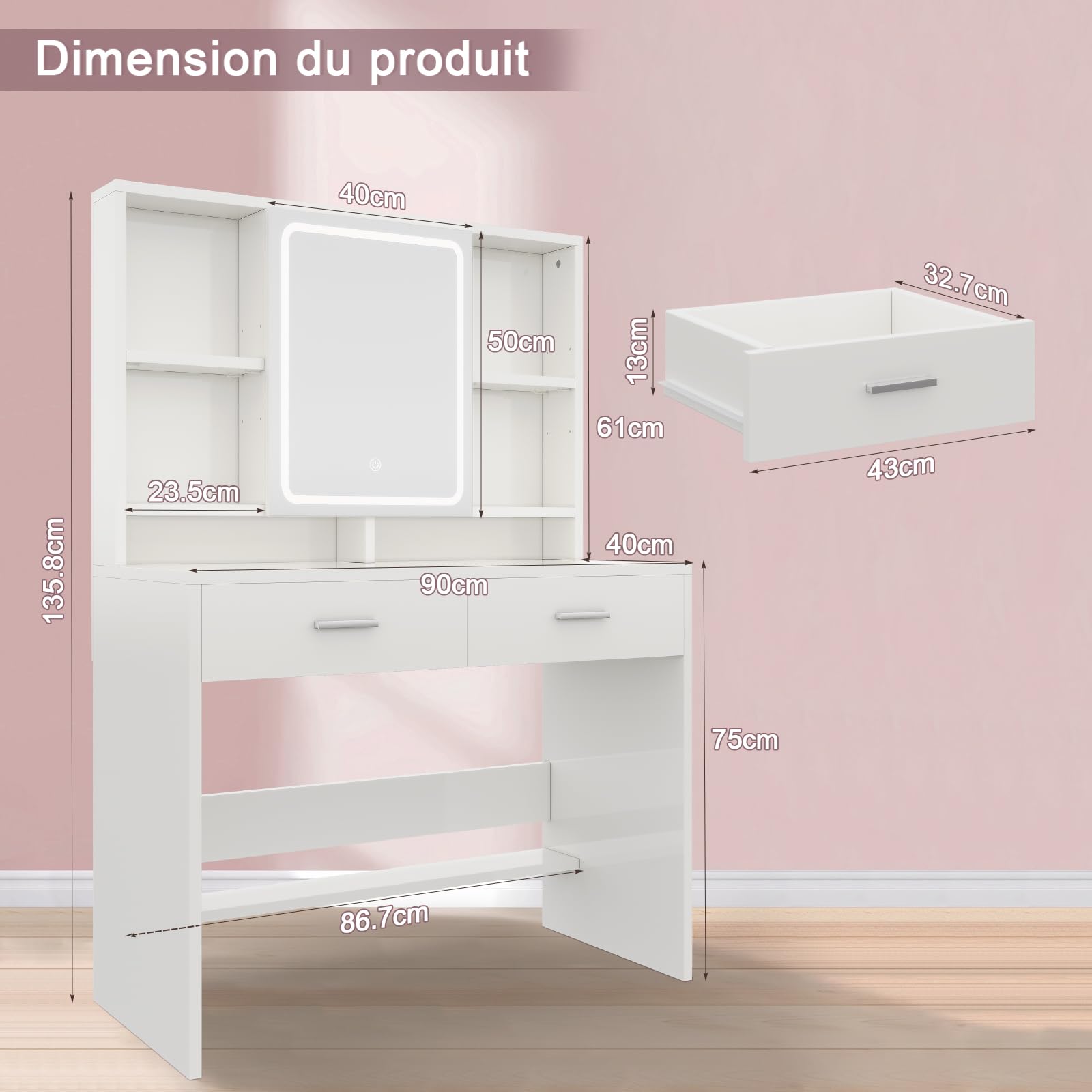 Devoko Coiffeuse avec Miroir LED, 3 Couleurs avec Luminosité Réglable, Table de Maquillage de Rangement, 2 Tiroirs et Étagères Réglables, Espace pour Bijoux, Style Moderne (Blanc)