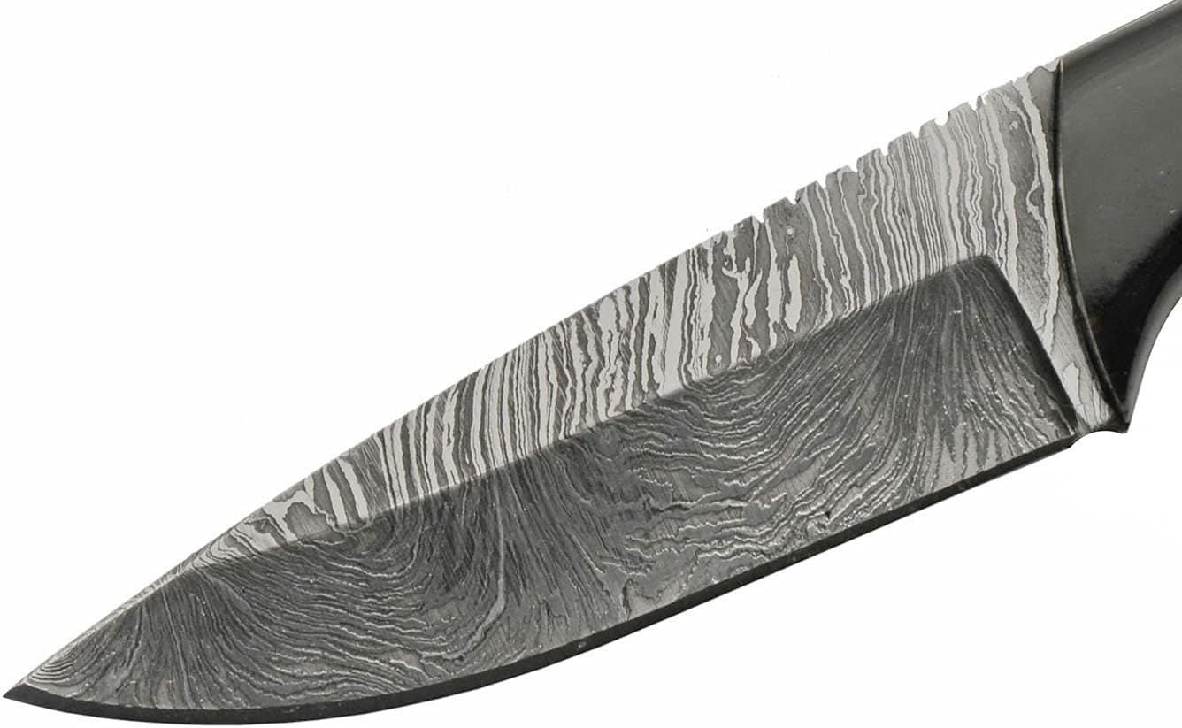 SZCO SANZ Damascus Hunting Knife 7.5 Inch - Camping Knife with Horn & Bone Handle, Full Tang Blade & Sheath for Hunting & Outdoor uses for Men