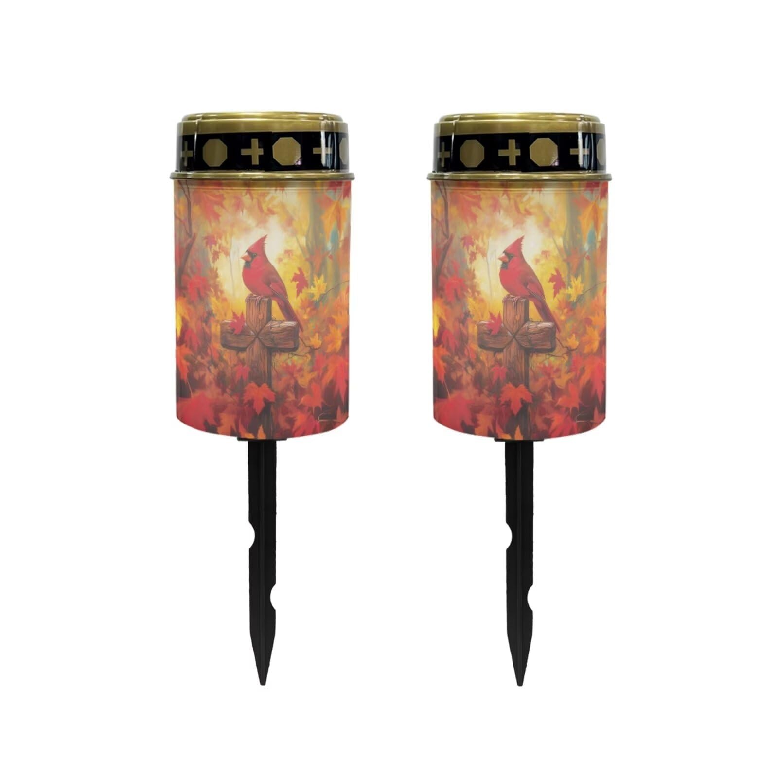 Poceacles Cardinal Cross Maple Leaf Solar Outdoor Lights Solar Grave Candle Solar Cemetery Candles LED Automatic Flameless Candles Cemetery Outdoor Solar Lights for Loss of Dad, Set of 2