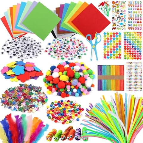 DOITEM Pipe Cleaners Craft Supplies, 1000+Pcs Arts and Crafts Supplies Including Pipe Cleaner Wiggle Googly Eyes Pom Poms Feathers Sticks Sequins Foam Flowers Papers Felt Stickers Cover