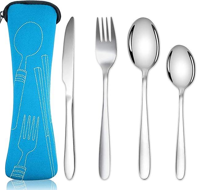 Acehome Cutlery Set with Portable Pouch Case, Stainless Steel Flatware Camping Utensil Set with Neoprene Bag for Outdoor Travel Picnic Office School Lunch Box (Sky Blue)