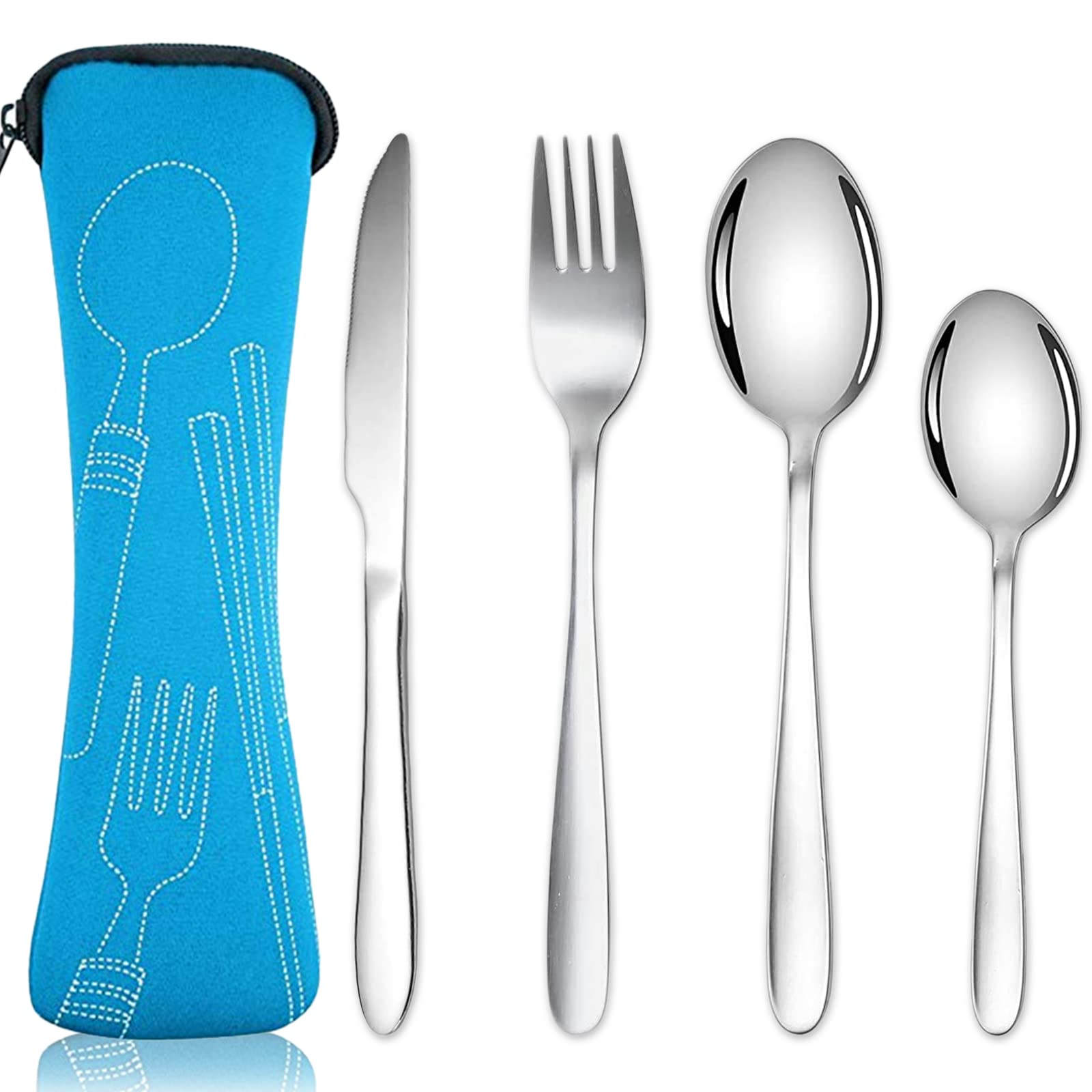Cutlery Set with Portable Pouch Case, Stainless Steel Flatware Camping Utensil Set with Neoprene Bag for Outdoor Travel Picnic Office School Lunch Box (Sky Blue)