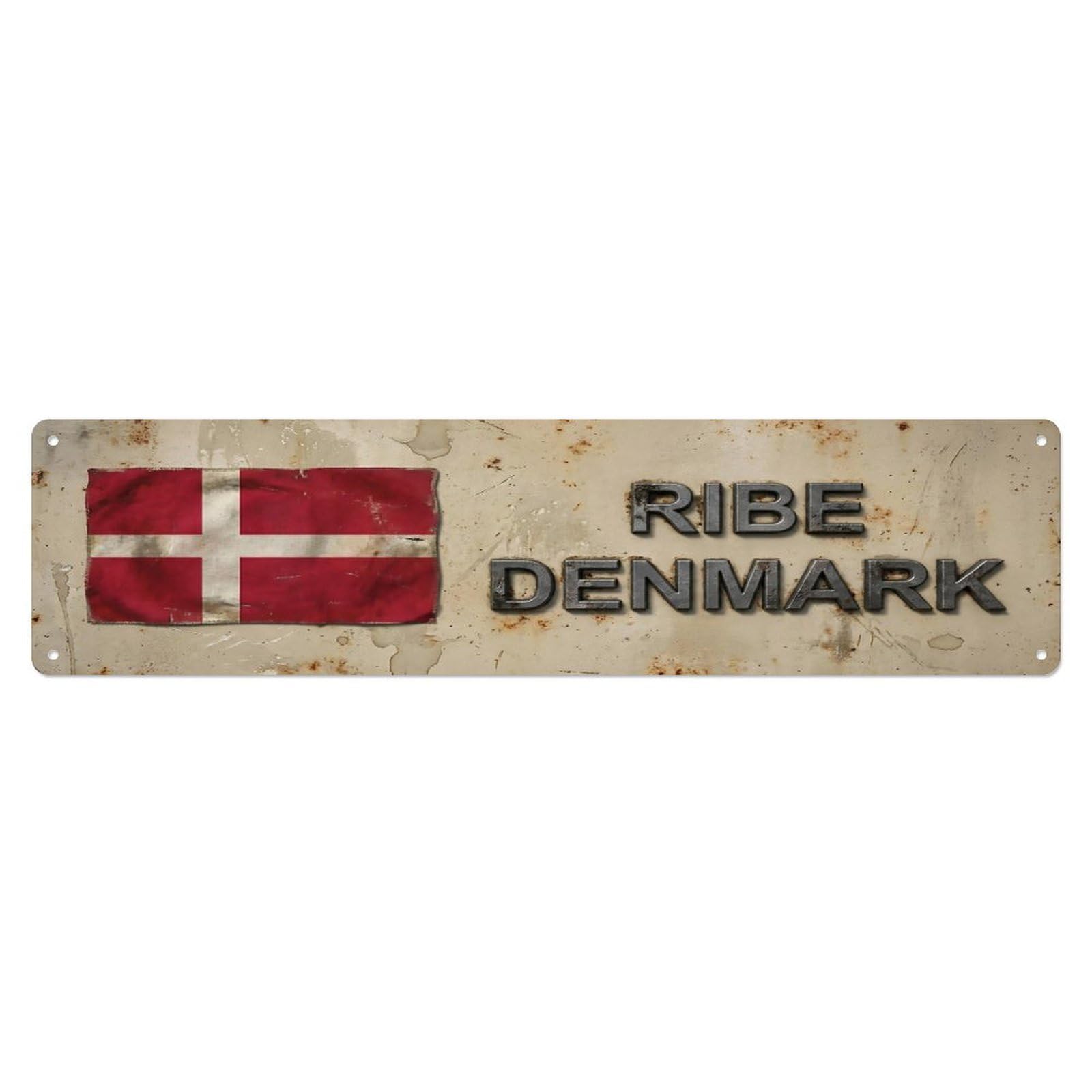 Vintage Ribe Denmark Flag Decor Rustic Travel Metal Tin Sign