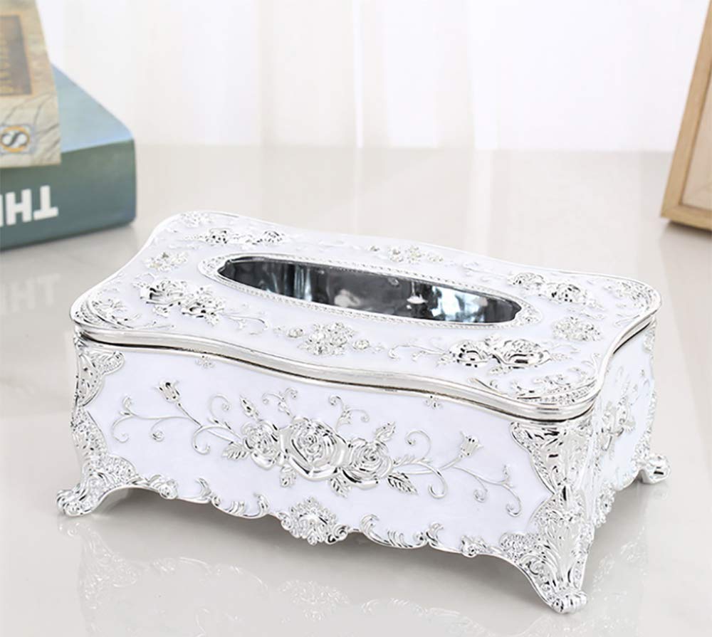 brandless Tissue Cover Holder,Creative Embossed Roses And Rhinestones Rectangular Acrylic Tissue Box Cover Dispenser Napkin Organizer for Bathroom Bedroom Office and Car (White-Silver)