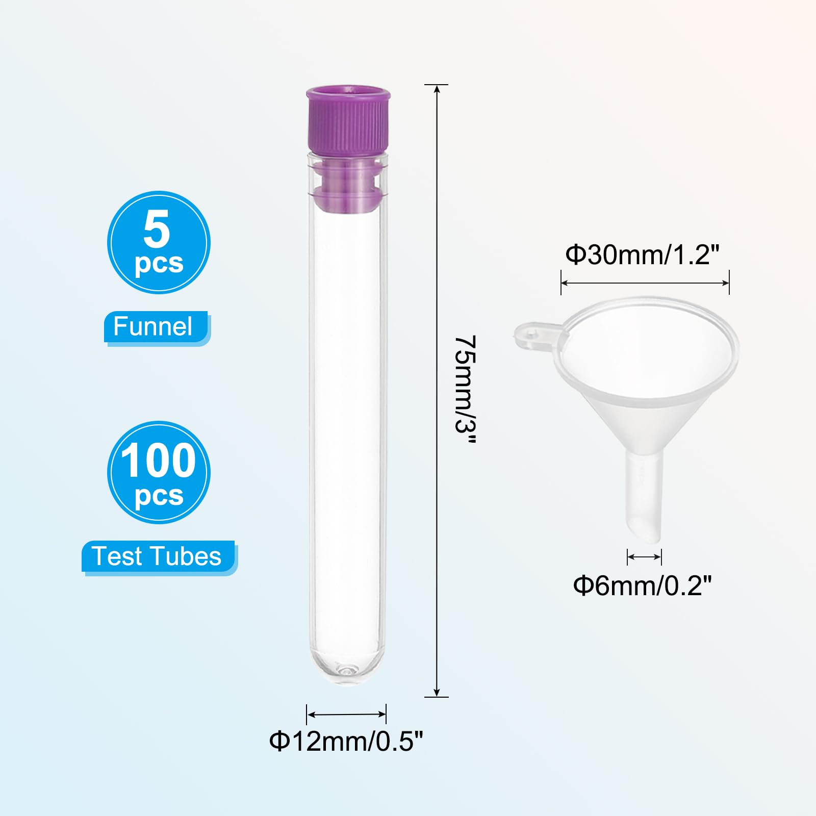 PATIKIL Juego de tubos de ensayo, 100 recipientes de plástico transparente de 75 x 12 mm con tapón y embudo para fiesta de cuentas, caramelos, baño, sal, almacenamiento de experimentos científicos
