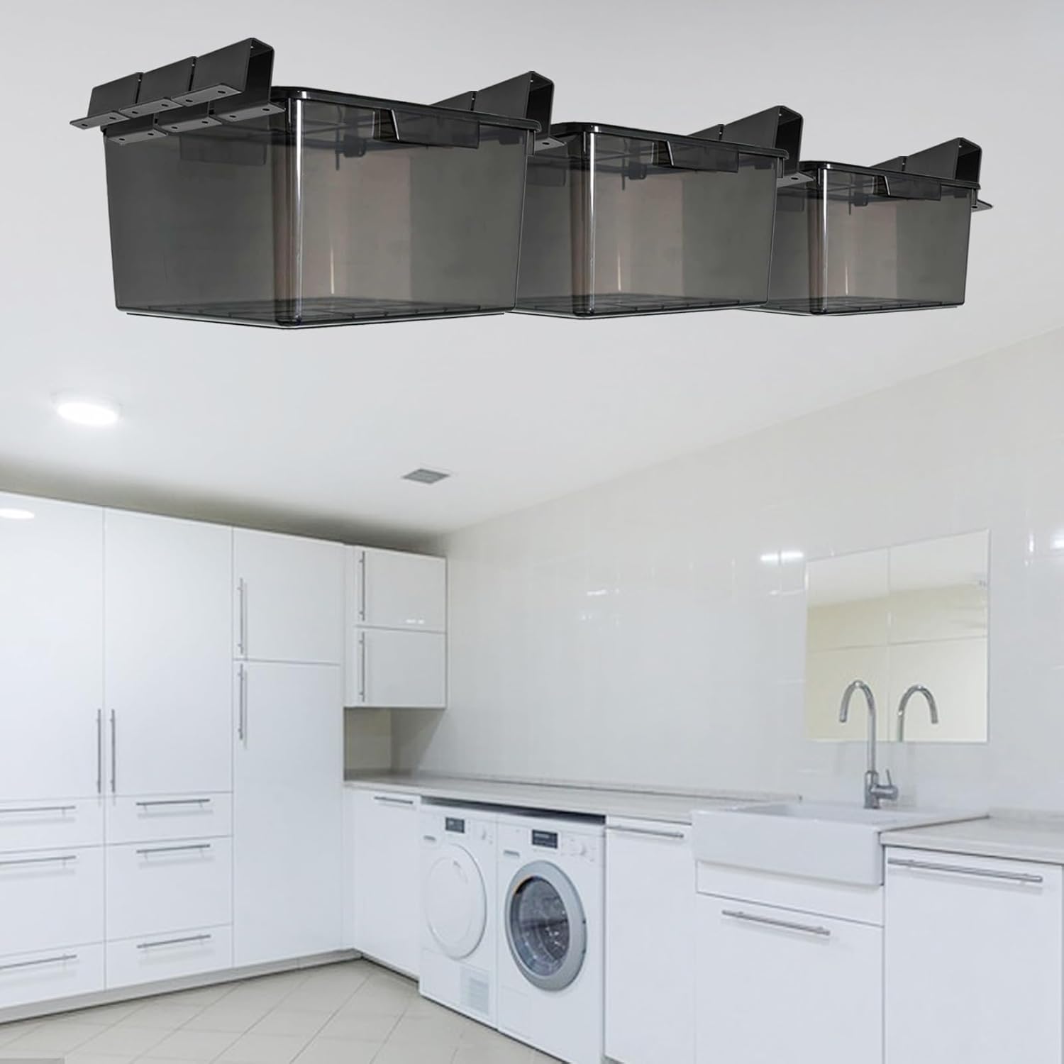 10 PCS Garage Ceiling Bin Storage Rack, Heavy Duty Overhead Tote Storage Rail, Adjustable Ceiling Storage System for Most Storage Bins and Totes, Black Steel