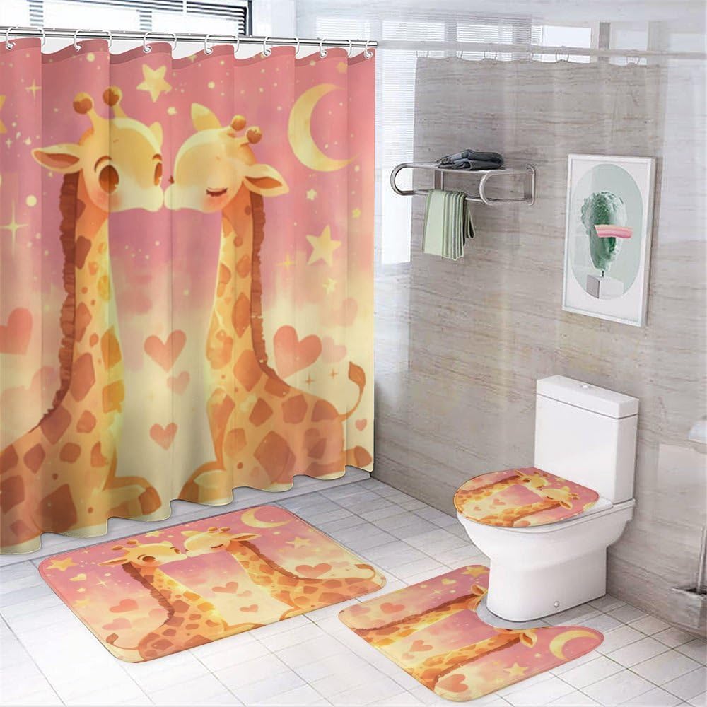 Rideau de Douche 180 x 180 Girafe Polyester 3D avec Crochets et Tapis Bain