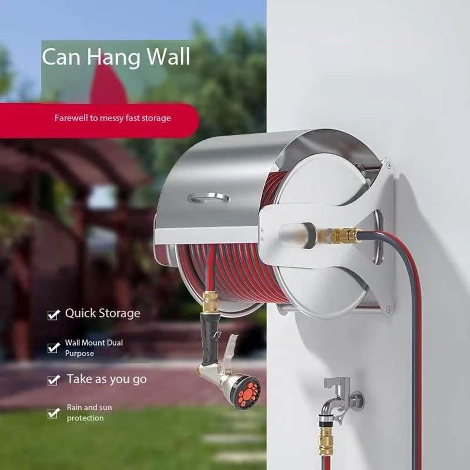 Kit de carrete de manguera de jardín, manguera de riego de metal montada en la pared, 50 m para riego de jardín y limpieza de mascotas, diseño duradero, fácil instalación para uso doméstico y exterior