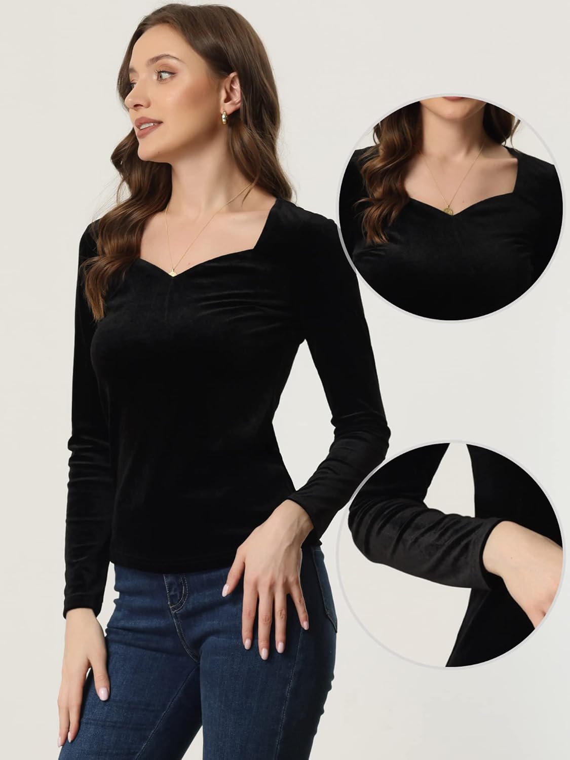 Allegra K Velvet Tops for Women's Long Sleeves Sweetheart Neck Blouse - Image 3