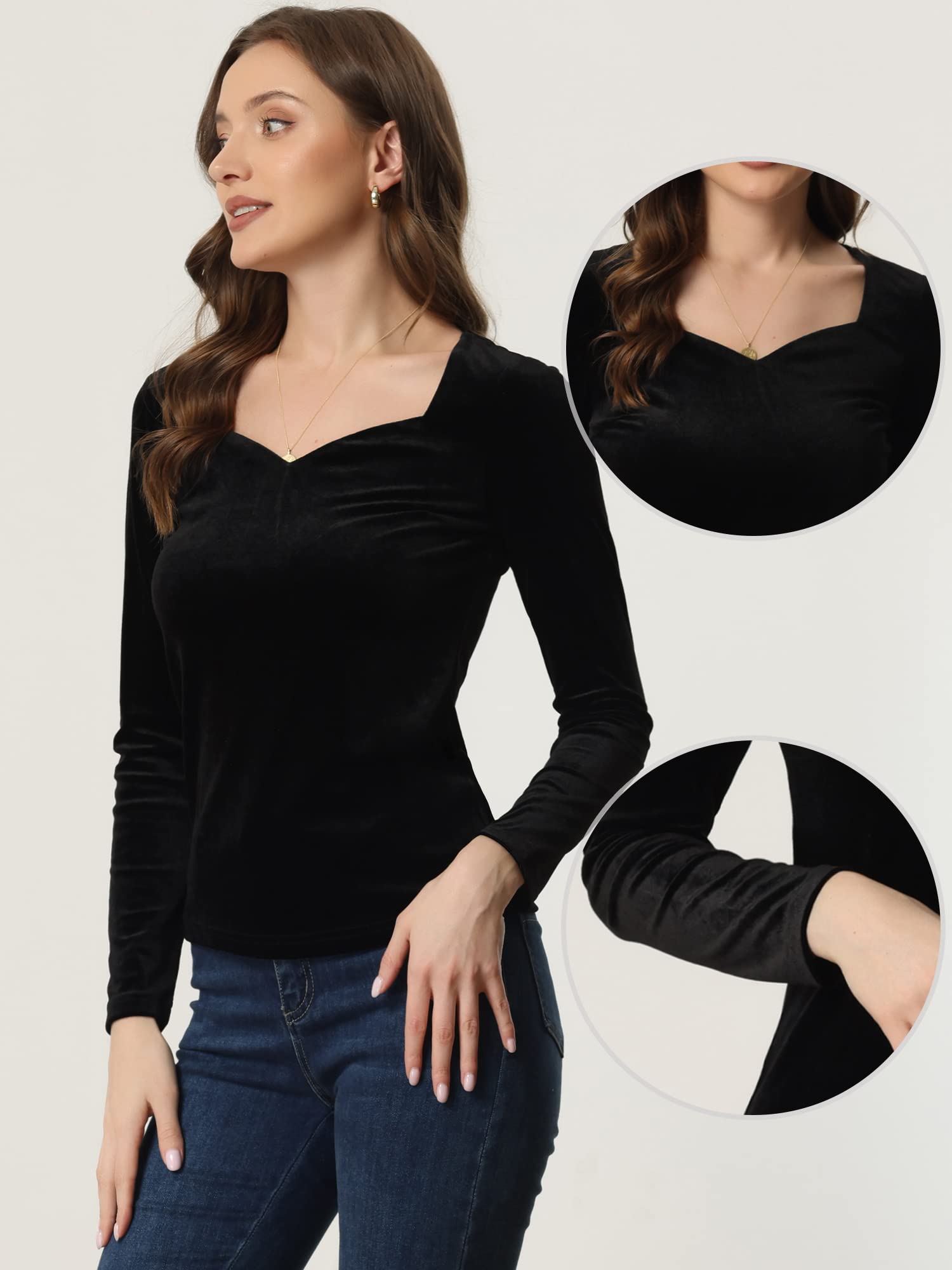 Allegra K Disfraz de Navidad Top de Terciopelo para Mujer con Cuello en Forma de Corazón Elegante Camiseta de Manga Larga