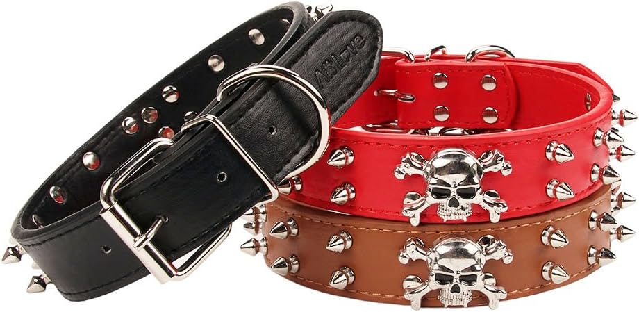 Aolove Rivet Studded Adjustable PU Leather Pet Collar with Cool Skull Studded for Medium Large Dogs (Black, Large)