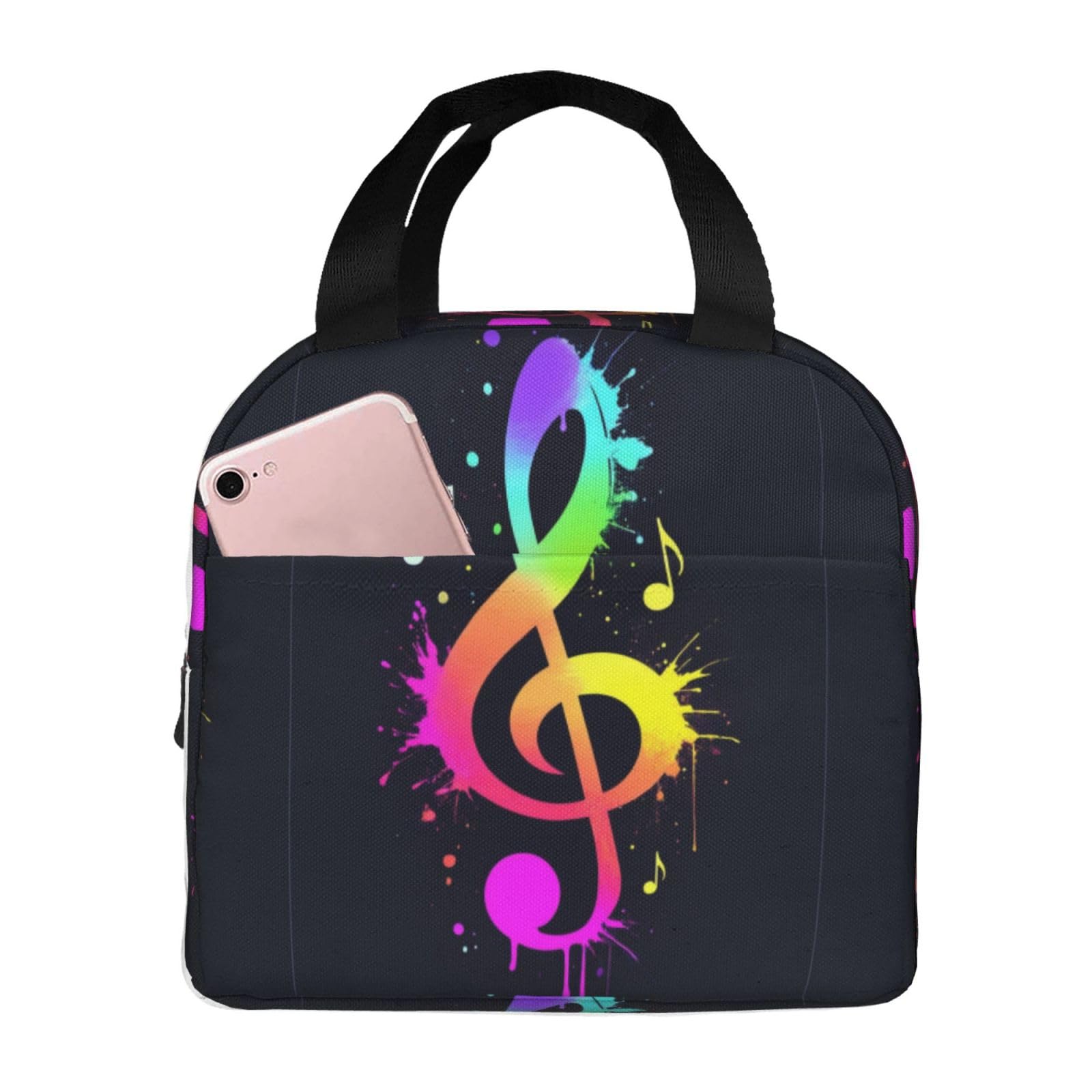 JZDACH Portable Lunch Bags for Women Men with Neon Rainbow Music Note Splatter, Large Reusable Insulated Lunch Bag with Front Pocket, Great Cooler Bag