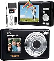 Câmera Digital,Fotográfica 48MP 4K,Câmera Compacta para Vlogs com Tela Dupla, Cartão de 32 GB, Zoom Digital de 16x e Estabilizador de Imagem, Ideal para Iniciantes (Preto)