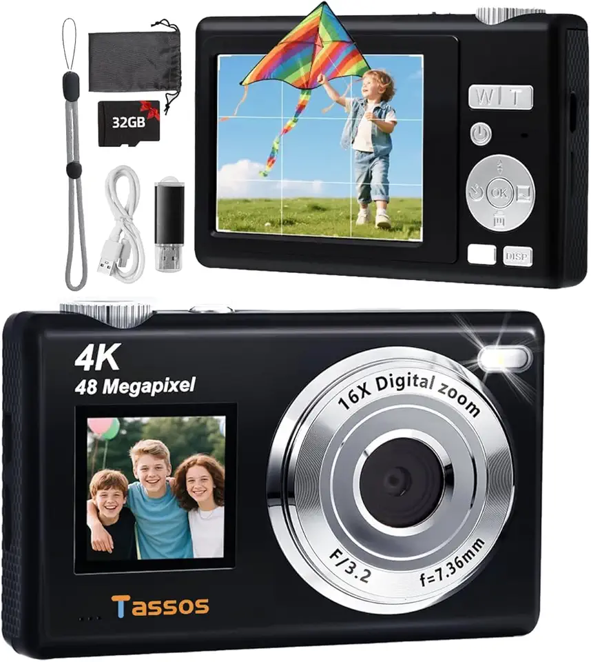 Câmera Digital,Fotográfica 48MP 4K,Câmera Compacta para Vlogs com Tela Dupla, Cartão de 32 GB, Zoom Digital de 16x e Estabilizador de Imagem, Ideal para Iniciantes (Preto)