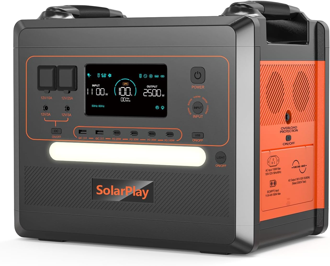 SolarPlay Portable Power Station 2500W Peak 5000W 2304Wh Solar Generator 1 5Hrs Fast Charging LiFePO4 Battery 4 AC