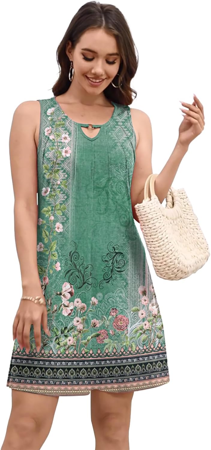 Pleated Front Summer Dresses for Women 2025 Casual Beach Floral Print Sundress Boho Tank Dress - Image 2