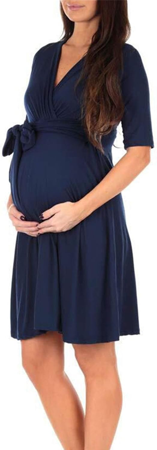 Women's Maternity Smocked Midi Dress Casual V Neck Maternity Swing Dress Pregnancy Nursing Dress Knee Length with Belt