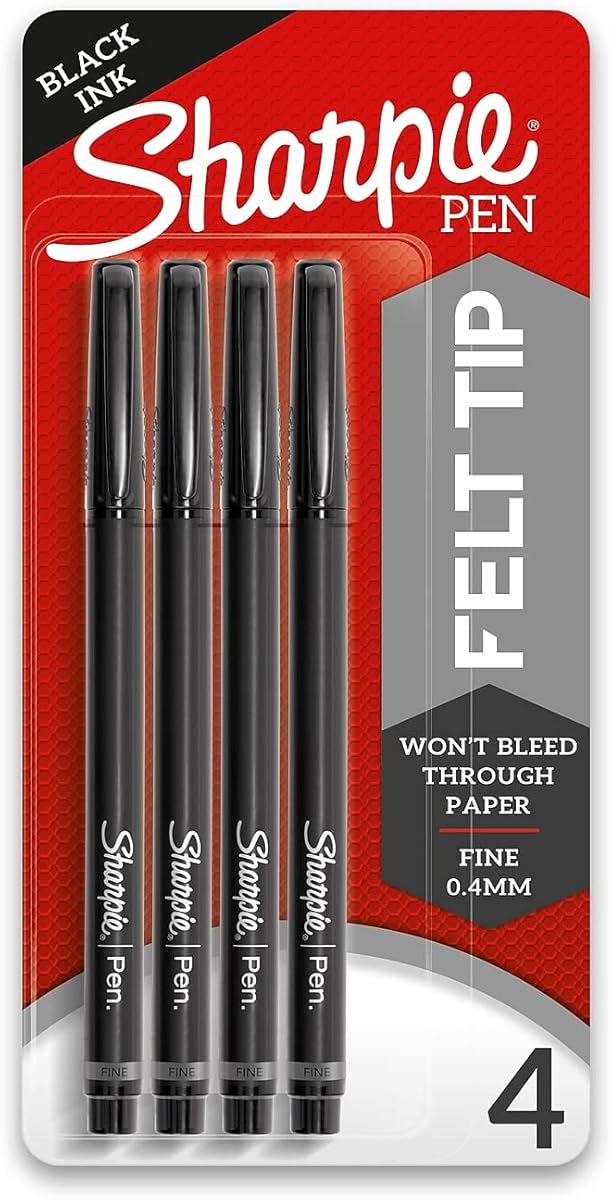 Sharpie Felt Tip Pens Fine Point (0.4Mm) Felt Tip Markers Journaling Pens Art Drawing Markers Black 4 Count