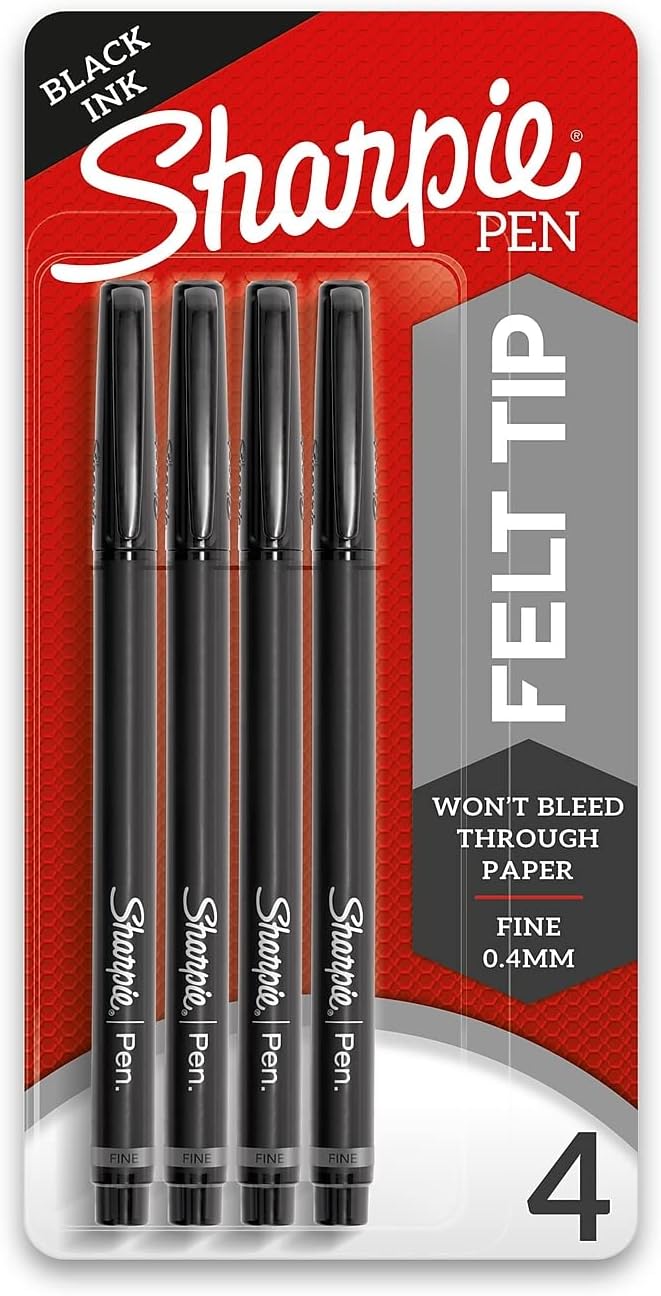 Sharpie Felt Tip Pens Fine Point (0.4Mm) Felt Tip Markers Journaling Pens Art Drawing Markers Black 4 Count