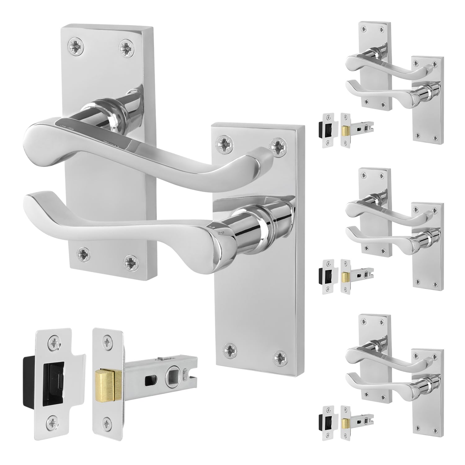 Eai Chrome Victorian Scroll Latch Handle Set, 4 Pairs Polished Internal Lever Door Handles On Backplate And Latch 64Mm