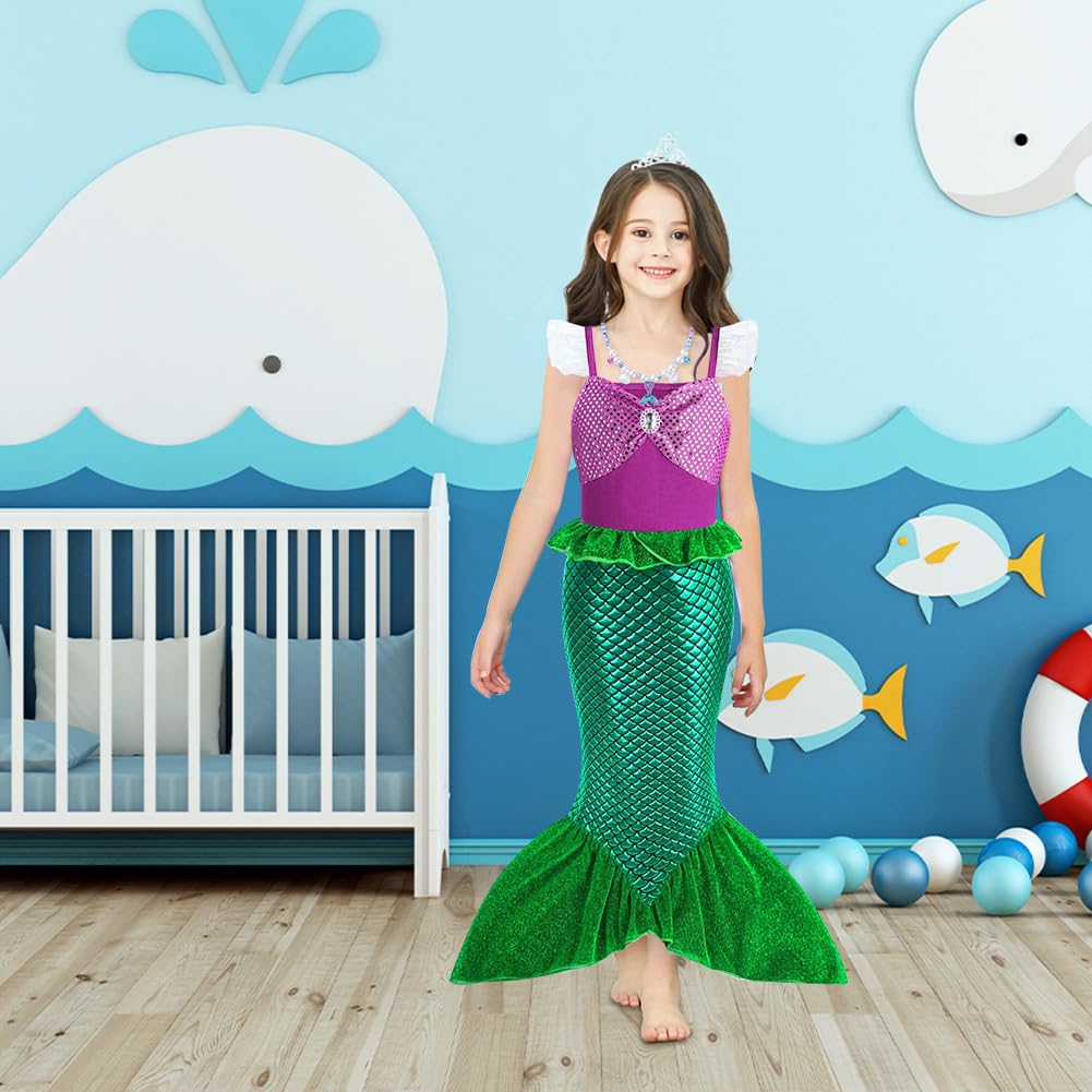 AOOWU Vestito Sirenetta Bambina, Costume da Sirenetta con Parrucca, Ariel Bambine Vestito Sirena con 5 pezzi Accessori, Costumi Cosplay Sirena per Halloween, Natale, Cosplay, Compleanno