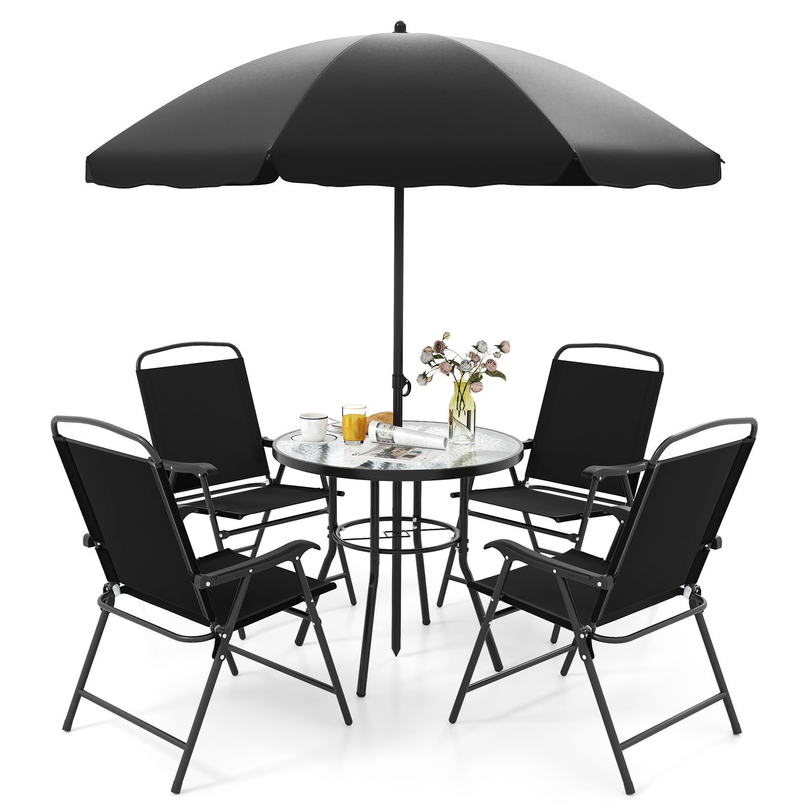KOMFOTTEU Ensemble de Salon de Jardin 6 Pièces pour 4 Personnes, Set de Meubles de Jardin, avec 4 Fauteuils, 1 Parasol et 1 Table Ronde, Mobilier d’Extérieur, pour Cour, Patio, Noir