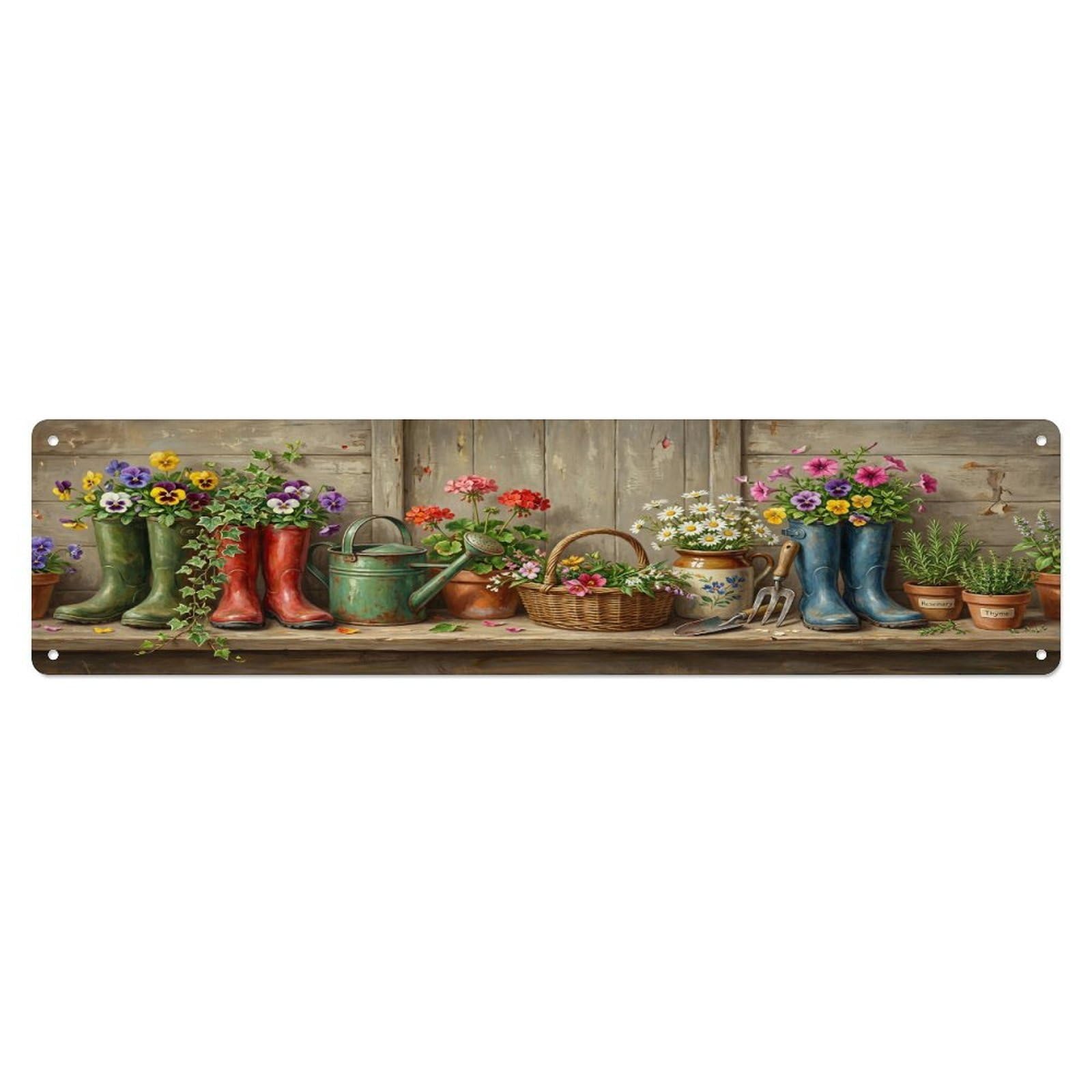 Floral Garden Tools Boot Planter Pattern Print Metal Tin Sign