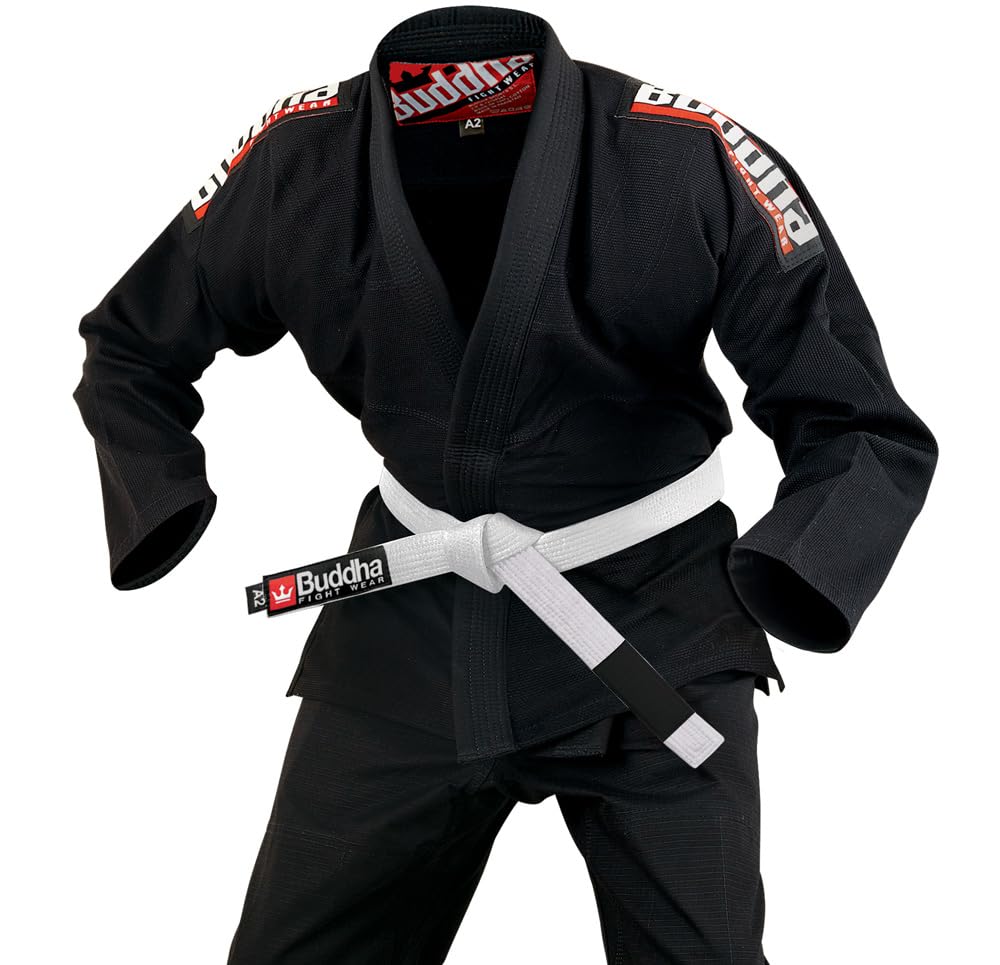 Buddha Fight Wear Kimono Premium Infinity Negro de Jiu Jitsu Brasileño/BJJ Gi con Cinturón Blanco, Unisex Adulto